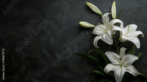 branch of white lilies flowers, condolence card with copy space for text, stock photography