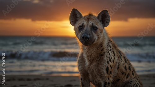 hyena closeup portrait looking on camera at dramatic s ba-c--ad-fdbcclose-up portrait looking on camera at dramatic sunset on beach background from Generative AI