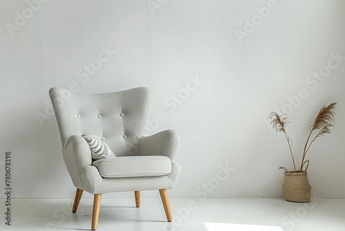 Scandinavian design armchair, light grey fabric, white background, natural daylight, 3/4 camera angle.