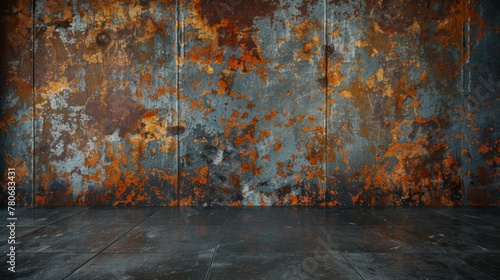 Ultra-realistic 3D rendering of a textured wall with rust and decay, symbolizing time, age, and vintage aesthetics