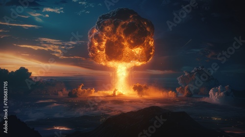 Dramatic digital art of a nuclear explosion with intense orange glow against a clouded sky