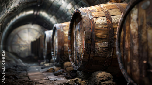 Old Wooden barrels with wine in a wine vault cellar