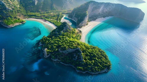 Top view of white sand beach tropical with seashore as the island in a coral reef ,blue and turquoise sea Amazing nature landscape with blue lagoon