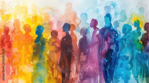 Abstract art watercolor painting showing a diverse group of people coming together.