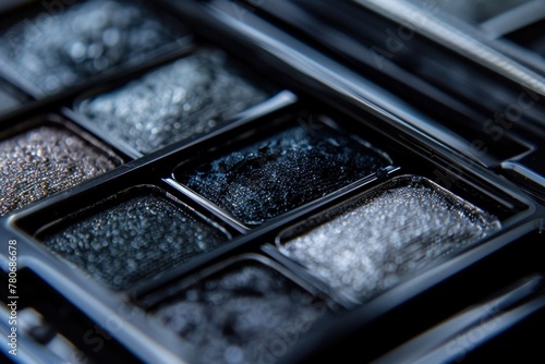 Close-up of a professional makeup artists open palette displaying a range of black and gray eyeshadows on a modern black surface