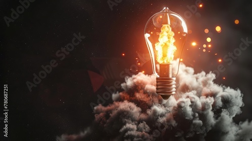 Creative light bulb with explosion and smoke coming out on black background, concept Successful launch creativity