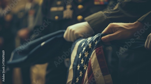 A soldier's hand delicately holds the American flag, with medals visible in the background.