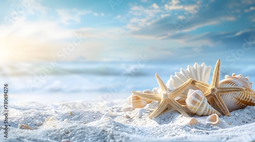 Summer beach with starfish and shells