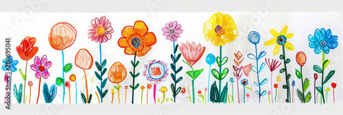 childs crayon drawing of flowers, scribble marks and pencil marks visible on white paper background