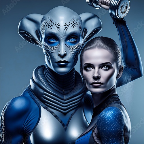 Alien Mann und Alienfrau beim Kraftsport Portrait Fantasie