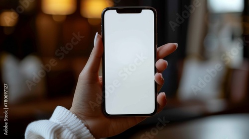 The elegant grip of a woman's hand on a black smartphone, its screen blank and design frameless, held vertically and isolated against a pure white background