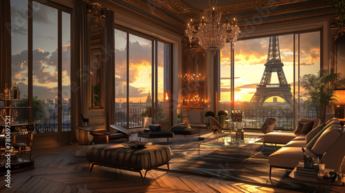 Exquisite Parisian penthouse overlooking the Eiffel Tower: luxurious Art Deco interior, champagne bar, floor-to-ceiling windows, and sunset over the Seine. Paris illustration.