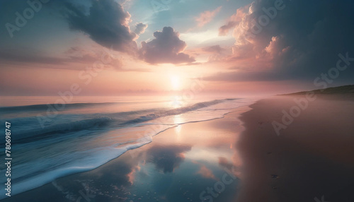 A serene beach scene at dawn, with gentle waves lapping at the shore and a pastel-colored sky reflecting on the wet sand