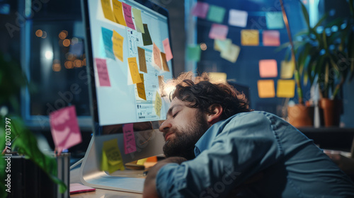 Candid shot of an office worker dozing off in front of their computer screen with post-it notes stuck on the monitor and documents scattered around