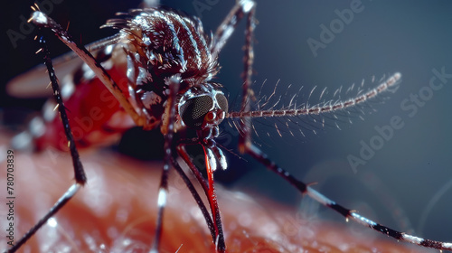 Close-up shot of a mosquito filled with blood showcasing its expanded abdomen