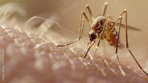 A detailed macro shot of a mosquito feeding on human skin.