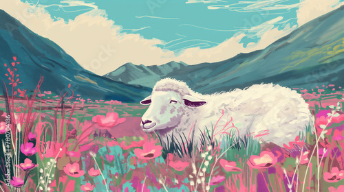 Ovelha no campo - Ilustração esboço no fundo branco
