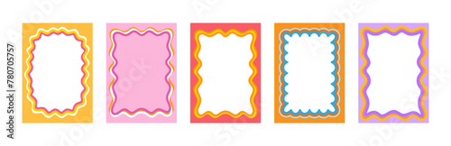 Set of Retro FRAMES WITH DOODLE orange, RED, PINK curvy squiggly wavy. Wave scalloped edge frame. Cute curved frame box. Trendy vector template for greeting card, poster, invitation, social media po