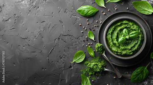 Fresh homemade pesto sauce in a black bowl with basil leaves and pine nuts on a dark textured background. Top view with copy space.