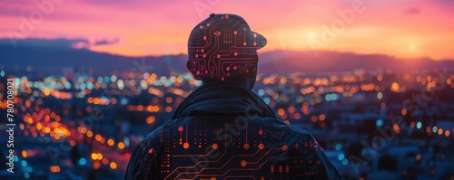 Electrician with a circuit board pattern transposed over a city lit by twilight