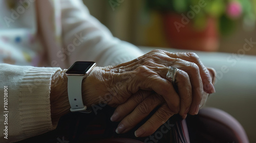 A wearable device displaying health metrics, designed to monitor the wellbeing of elderly users