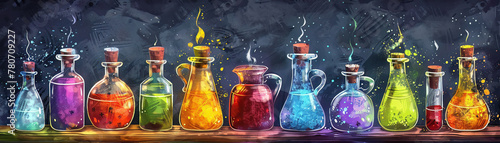 Cartoon potion bottles with colorful brews, alchemist theme, room for Halloween party essentials