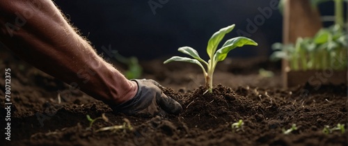 A seedling being carefully held in a hand amidst soil, symbolizing new growth and the beginning of life in nature