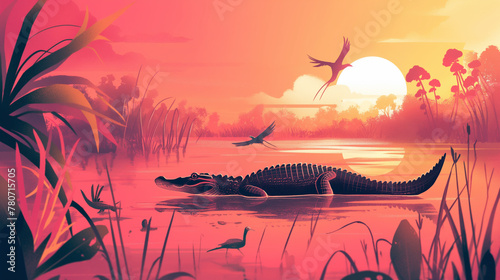 Jacaré em um lago ao por do sol rosa - Ilustração