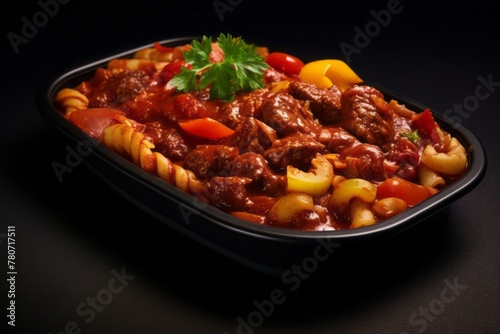 Refined goulash on a plastic tray against a dark background