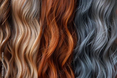 Multi-colored array of wavy hair extensions, from blonde to silver
