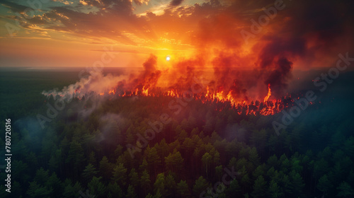 forest fires aerial view. drought and high temperatures, long periods of dry and hot weather, flammability risk increasing. smoke clouds above trees and grass burning