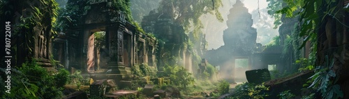 Ancient kingdom ruins, overgrown, dawn mist, wide shot, forgotten glory painting , high resolution DSLR