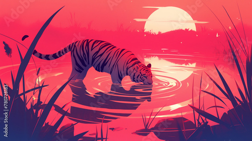 Tigre em um lago ao por do sol rosa - Ilustração