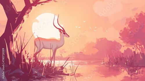 gazela em um lago ao por do sol rosa - Ilustração