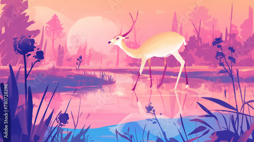 gazela em um lago ao por do sol rosa - Ilustração