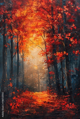 A painting depicting a peaceful fall evening in the forest.