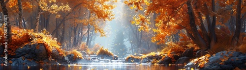 Stream in fall woods, natural scenery, artistic depiction.