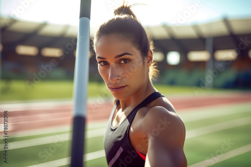 Portrait of a concentrated adult female athlete holding a vaulting pole, standing in a stadium and preparing for a competition, athlete looking at the camera, athletics competition advertising