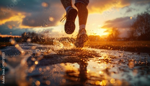 A man running in the rain with his feet splashing water by AI generated image