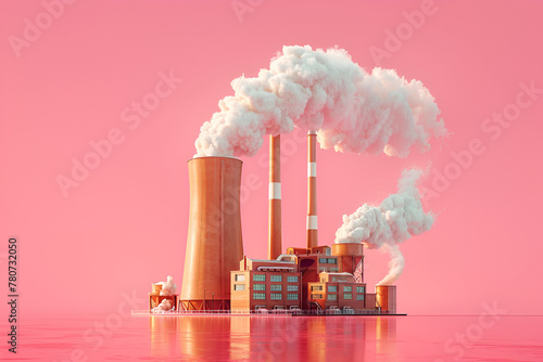 A stylized digital art image of a power plant with smokestacks emitting smoke against a pink background.