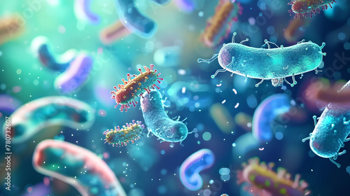 microscopic microbiome view of bacteria in the gut, healthy microorganisms, pathogen and cells macro shot, colorful biology, virology background , virus, Medical field