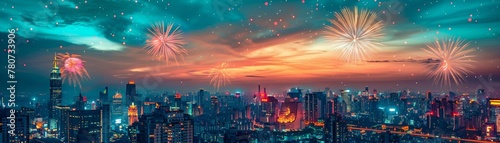 Cityscape with fireworks, festive, long exposure, celebratory, urban, high contrast