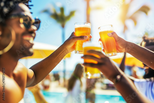 Blurred photo banner, hotel pool party, meeting happy friends raising glasses of beer, summer vacation concept, background or advertising idea