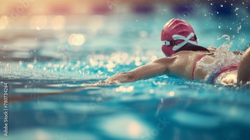 A woman swims in a pool wearing a red and white swim cap. The water is calm and clear