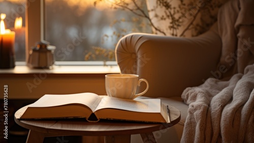 A cozy window seat with a cup of coffee and an open book.