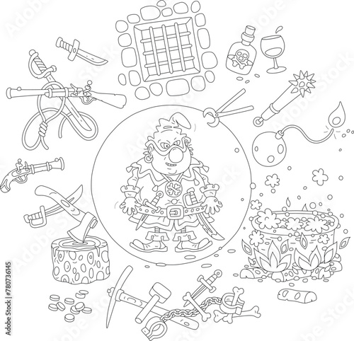 Angry executioner with a wicked grin and his varied instruments of torture prepared for execution of condemned, black and white vector cartoon illustration for a coloring book 