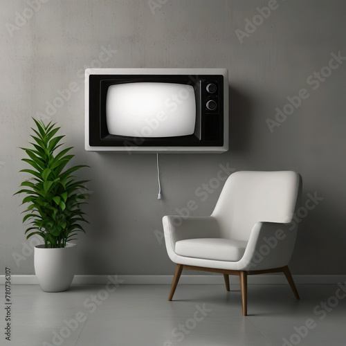 Mockup 3d television vintage junto a una butaca y una planta en un salón 