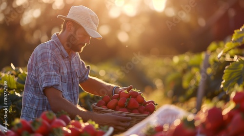 A young farmer inspecting a bushel of plump strawberries in a soft, diffused morning light. Generated by artificial intelligence.