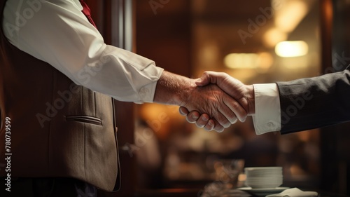 Two professionals in formal attire shaking hands firmly in a warmly lit space.