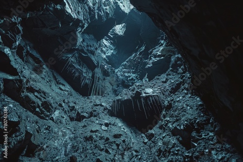 Intricate ice cave patterns with a mystical ambience, a natural wonder captured in a remote, frozen landscape.
